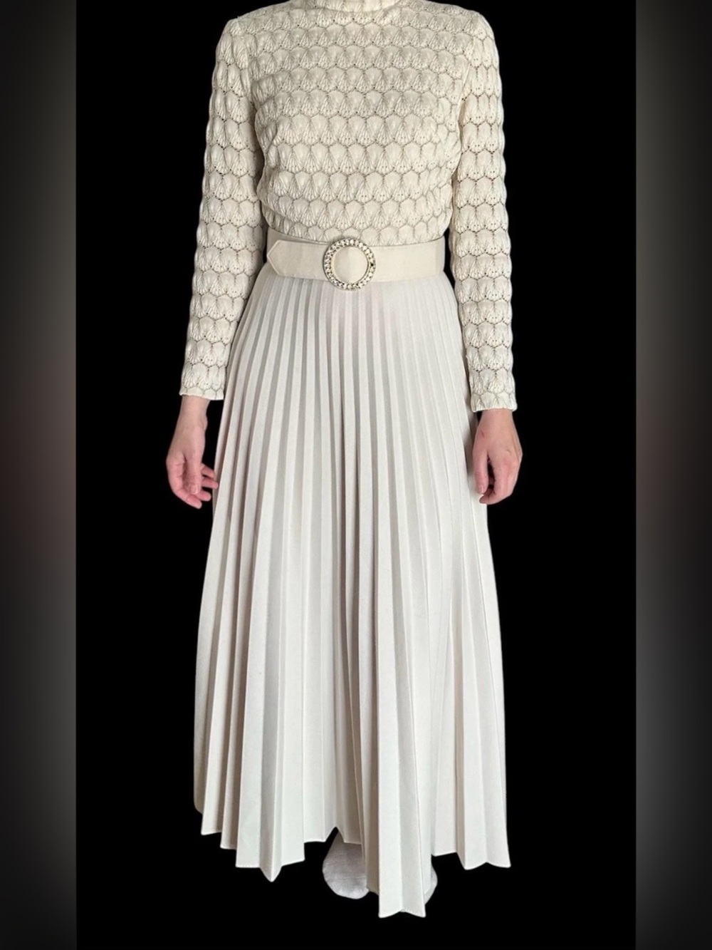 Vintage 1970s Crochet Knitted Pleated Maxi Dress With Belt George Gerring Miami - Picture 2 of 10